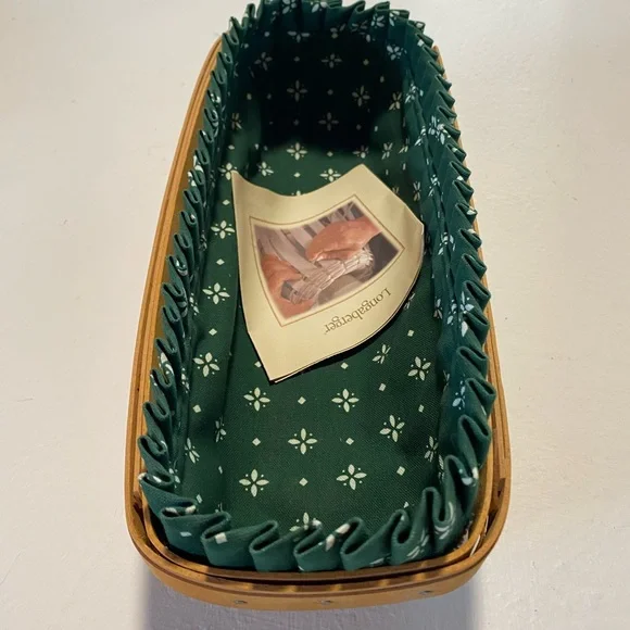 NWT LONGABERGER Green and Brown Bread Basket with Patterned Liner and Handles - Picture 3 of 10
